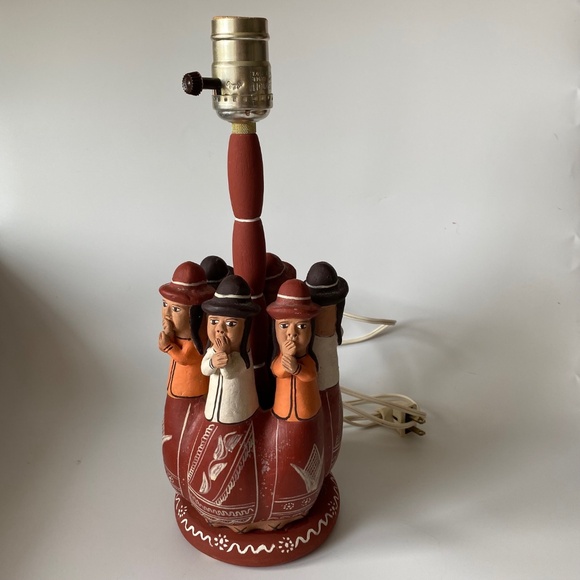 Vintage GOSSIPING CIRCLE PERUVIAN Folk Pottery Table Lamp - Picture 2 of 11